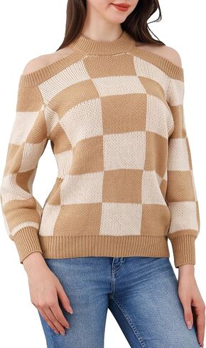 LemonGirl Off Shoulder Sweater Women Checkered Knit Pullover Round Neck Long Sleeve Autumn Casual Top in Kuwait