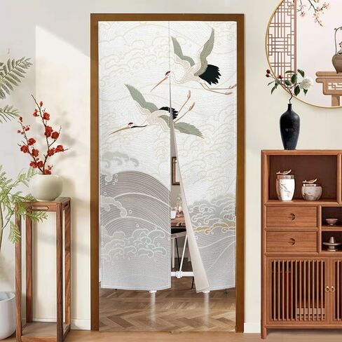 ستارة المدخل على الطراز الياباني من نورين، ستارة باب مموجة مطلية تقليديًا، نسيج باب معالج للخصوصية المنزلية، ديكور المطبخ (أبيض، رافعات)، 33.5 بوصة × 70.9 بوصة in Kuwait