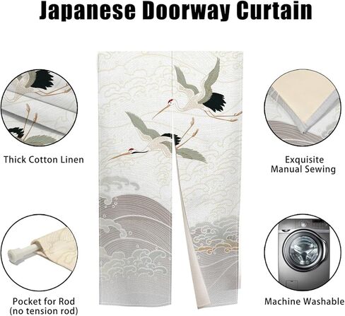 ستارة المدخل على الطراز الياباني من نورين، ستارة باب مموجة مطلية تقليديًا، نسيج باب معالج للخصوصية المنزلية، ديكور المطبخ (أبيض، رافعات)، 33.5 بوصة × 70.9 بوصة in Kuwait