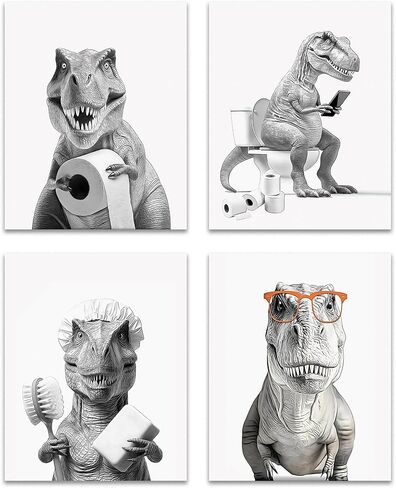 GTYNU Funny Dinosaur Bathroom Wall Art Decor Prints Set of 4, Black and White Dinosaur in Bathtub Posters Pictures Wall Decor for Bathroom Washroom Restroom, 8x10 Unframed in Saudi Arabia