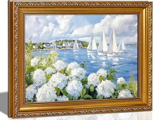 Vintage Gold Frame 3D Texture Coastal Floral Wall Art Summer Ocean Aesthetics Sailing Painting Picture Wall Decor White Hydrangea Poster Print Artwork for Kitchen Bedroom Living Room Home Decoration in Saudi Arabia