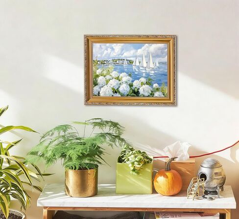 Vintage Gold Frame 3D Texture Coastal Floral Wall Art Summer Ocean Aesthetics Sailing Painting Picture Wall Decor White Hydrangea Poster Print Artwork for Kitchen Bedroom Living Room Home Decoration in Saudi Arabia