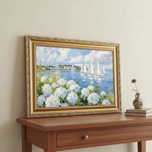 Vintage Gold Frame 3D Texture Coastal Floral Wall Art Summer Ocean Aesthetics Sailing Painting Picture Wall Decor White Hydrangea Poster Print Artwork for Kitchen Bedroom Living Room Home Decoration in Saudi Arabia