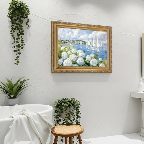 Vintage Gold Frame 3D Texture Coastal Floral Wall Art Summer Ocean Aesthetics Sailing Painting Picture Wall Decor White Hydrangea Poster Print Artwork for Kitchen Bedroom Living Room Home Decoration in Saudi Arabia
