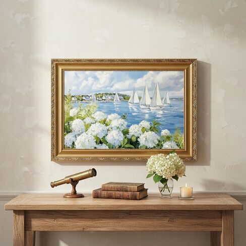 Vintage Gold Frame 3D Texture Coastal Floral Wall Art Summer Ocean Aesthetics Sailing Painting Picture Wall Decor White Hydrangea Poster Print Artwork for Kitchen Bedroom Living Room Home Decoration in Saudi Arabia