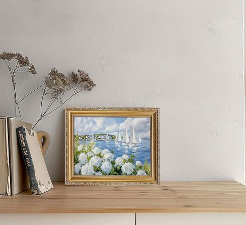 Vintage Gold Frame 3D Texture Coastal Floral Wall Art Summer Ocean Aesthetics Sailing Painting Picture Wall Decor White Hydrangea Poster Print Artwork for Kitchen Bedroom Living Room Home Decoration in Saudi Arabia