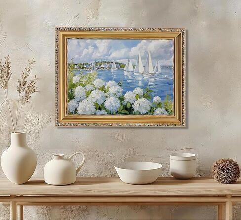 Vintage Gold Frame 3D Texture Coastal Floral Wall Art Summer Ocean Aesthetics Sailing Painting Picture Wall Decor White Hydrangea Poster Print Artwork for Kitchen Bedroom Living Room Home Decoration in Saudi Arabia