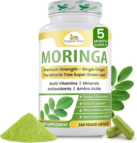 Organic Veda Moringa Leaf Powder Capsules, 1000mg, 360 Count - Pure Natural Moringa Oleifera Dietary Supplement - Lactation Support, Boost Energy, Promotes Digestion & Immunity - Vegan, Non-GMO in Kuwait