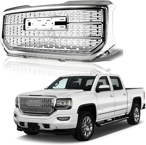 Front Upper Bumper Grille Grill Assembly Compatible with 2016-2019 GMC Sierra 1500, OEM Denali Style Chrome Engine Heat Dissipation Mesh Grille Covers in Kuwait