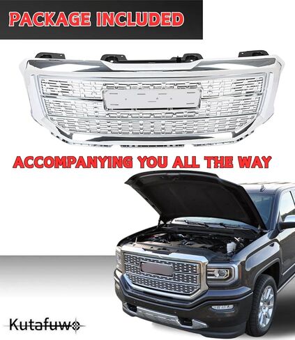 Front Upper Bumper Grille Grill Assembly Compatible with 2016-2019 GMC Sierra 1500, OEM Denali Style Chrome Engine Heat Dissipation Mesh Grille Covers in Kuwait
