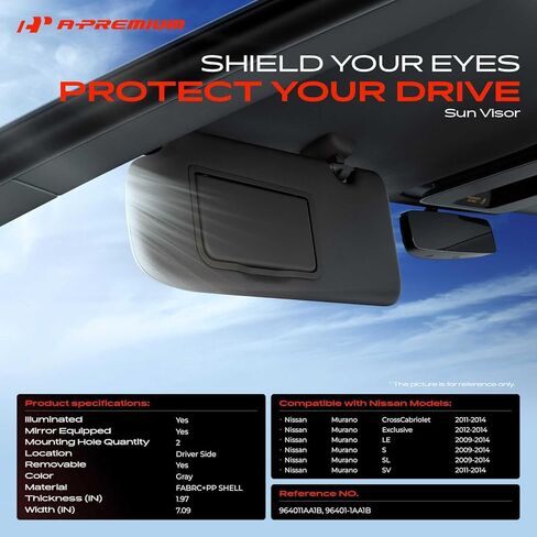 A-Premium Driver Left Side Sun Visor Compatible with Nissan Murano 2009-2014 - with Vanity Light, with Vanity Mirror, Without Sunroof, Gray Color - Replaces 96401-1AA1B, 964011AA1B in Saudi Arabia