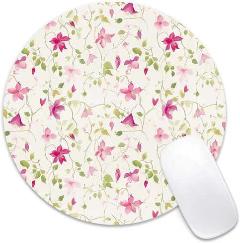 Round Mouse Pad 7.87 x 7.87 Inch, Pink Floral Vine on White Print for Laptop Gaming, Stitched Edge Non-Slip Rubber Base, Home Office Decor Desk Accessories in Saudi Arabia