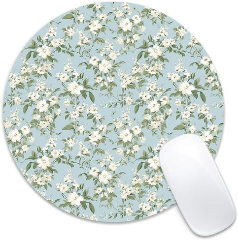 Round Mouse Pad 7.87 x 7.87 Inch, Pink Floral Vine on White Print for Laptop Gaming, Stitched Edge Non-Slip Rubber Base, Home Office Decor Desk Accessories in Saudi Arabia