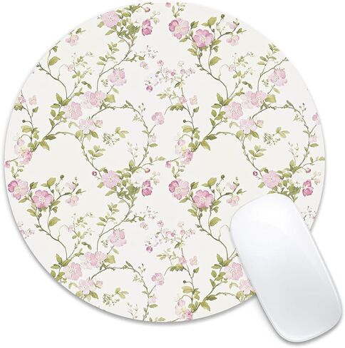 Round Mouse Pad 7.87 x 7.87 Inch, Pink Floral Vine on White Print for Laptop Gaming, Stitched Edge Non-Slip Rubber Base, Home Office Decor Desk Accessories in Saudi Arabia
