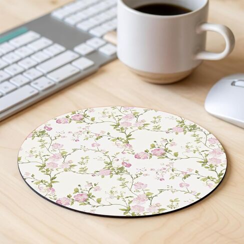 Round Mouse Pad 7.87 x 7.87 Inch, Pink Floral Vine on White Print for Laptop Gaming, Stitched Edge Non-Slip Rubber Base, Home Office Decor Desk Accessories in Saudi Arabia
