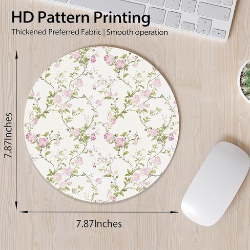 Round Mouse Pad 7.87 x 7.87 Inch, Pink Floral Vine on White Print for Laptop Gaming, Stitched Edge Non-Slip Rubber Base, Home Office Decor Desk Accessories in Saudi Arabia