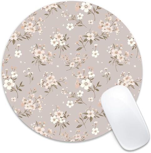 Round Mouse Pad 7.87 x 7.87 Inch, Pink Floral Vine on White Print for Laptop Gaming, Stitched Edge Non-Slip Rubber Base, Home Office Decor Desk Accessories in Saudi Arabia