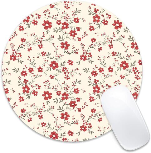 Round Mouse Pad 7.87 x 7.87 Inch, Pink Floral Vine on White Print for Laptop Gaming, Stitched Edge Non-Slip Rubber Base, Home Office Decor Desk Accessories in Saudi Arabia