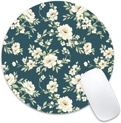 Round Mouse Pad 7.87 x 7.87 Inch, Pink Floral Vine on White Print for Laptop Gaming, Stitched Edge Non-Slip Rubber Base, Home Office Decor Desk Accessories in Saudi Arabia