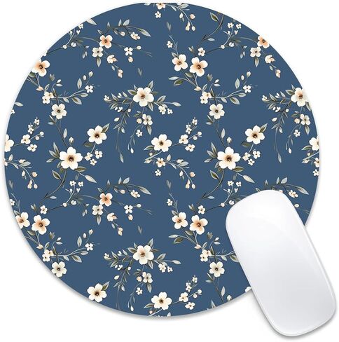 Round Mouse Pad 7.87 x 7.87 Inch, Pink Floral Vine on White Print for Laptop Gaming, Stitched Edge Non-Slip Rubber Base, Home Office Decor Desk Accessories in Saudi Arabia