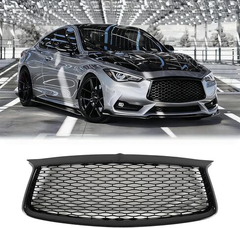 Front Grill Grille For Infiniti Q60 V37 2017 2018 2019 2020 2021 2022 Front Bumper Honeycomb Grill With Tow Insert Bezel (Glossy Black) in Kuwait