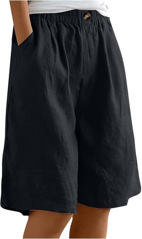 Bermuda Shorts for Women Summer Cotton Linen Shorts Elastic Waist Wide Leg Short Pants with Pockets Fashion Half Pant in Saudi Arabia