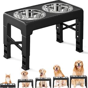 Elevated Dog Bowls for Most Dogs Raised Dog Bowl Set No Spill Dog Bowl Stand 4 Height Adjustable, Adjustable Dog Bowl Stand with 2 Stainless Steel Bowl Food and Water Bowl with Stand (Black)