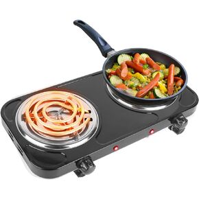Moclever 2000W Electric Double Burner Portable Coil Heating Hot Plate Stove Countertop RV Hotplate Electric Cooktop w/Non Slip Rubber Feet 5 Temperature Adjustments, Black