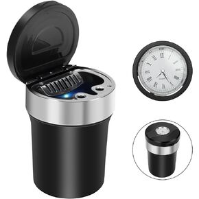 Linkstyle 2 in 1 Car Ashtray with Clock, Upgraded Car Clock & Smokeless Ashtray with Lid, Portable Ashtray Clock for Car Cup Holder, Smell Proof, Detachable Stainless Steel Ash Tray with LED Light