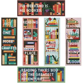 Dinifee 6 Pcs Cross Stitch Bookmark Kits Counted Cross Stitch for Adults Kids Mini Cross Stitch Stamped Embroidery Bookmark Kit Funny Book Pattern Cross Stitch Bookmark for Beginners DIY Craft