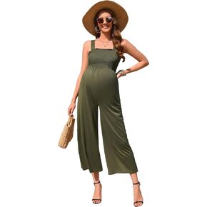 Maternity Jumpsuit Summer Smocked Sleeveless Casual Long Pants Loose Wide Leg High Waist Romper Overalls Pockets