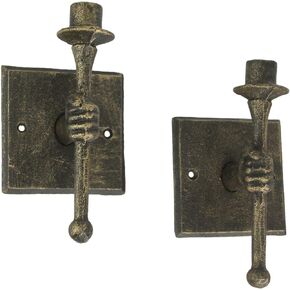 Set of 2 Antique Bronze Finish Cast Iron Torchbearer Hand Wall Sconce Candle Holders: Rustic Charm for Western Décor - 8 Inches High - Adds Elegance to Any Room