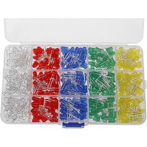 500pcs (5 Colors x 100pcs) 5mm LED Light Emitting Diode Round Assorted Color White/Red/Yellow/Green/Blue Kit Box