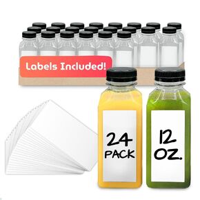Reli. Plastic Juice Bottles [24 Pack] [12 oz] Square Plastic Juice Bottles with Caps & Sticker Labels | Clear Empty Juice Bottles for Juicing 12oz | Disposable, Reusable Bottles for Juicing, Smoothies