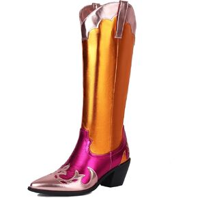 Colorblock Metallic Boots for Women Chunky Heel Cowboy Boots Patchwork Chrome Boots Mid Calf Pull on in Saudi Arabia