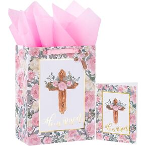 WRAPAHOLIC 13" Large Easter Religious Gift Bag with Card and Tissue Paper - Cross with the Floral He is Risen