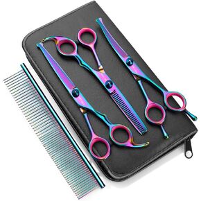 Dog Grooming Scissors with Safety Round Tips 7 inch Professional Grooming Scissors Kit Colorful Stainless Steel Shears Set for Pet Dog Cat Grooming，Suitable for Lefty and Righty