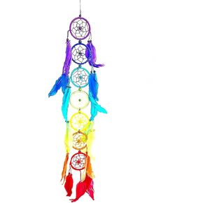 OMA Chakra Dream Catcher with Multi Color Feathers Traditional Dreamcatcher Rainbow Colors - Handmade, 30" Long