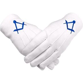 MASTER MASON BLUE LODGE GLOVES - WHITE COTTON- MACHINE EMBROIDERY - WITH ROYAL BLUE THIN SQUARE & COMPASS