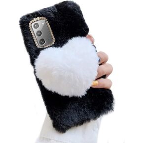 Cute Plush Case for Samsung Galaxy A15 5G,Furry 3D Love Heart Soft Fluffy Fuzzy Winter Warm Girls Women Case Faux Fur Hair Bling Glitter Diamond Silicone Cover,Black + White