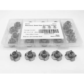 3/8" Stainless Steel T Nut Tee Nut 4 Pronged T-Nut T Blind Nut Stainless Steel for Wood Rock Climbing Holds Cabinetry, 20Pcs