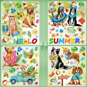 6 Sheets 98 Pcs Summer Dog Window Clings Sticker for Hello Summer Beach Puppy Sunflower Window Clings Decor Palm Leaves Blue Truck Decal Sticker for Home Summer Tropical Party Supplies