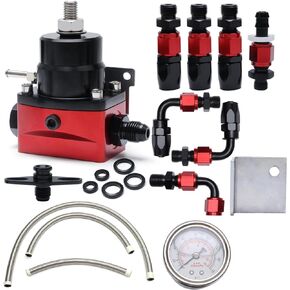 APIELE Aluminum Fuel Pressure Regulator Kit with 30-70PSI Pressure Gauge Panel and Line Hose Adapter (Black&Red)