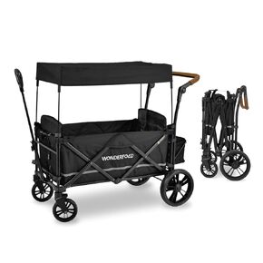 WONDERFOLD X2 Push & Pull Stroller Wagon (2 Seater) - Collapsible Wagon Stroller with 5-Point Seatbelt Harnesses, Push & Pull Handles & Removable Sun Canopy, Pitch Black