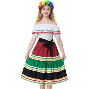 Durio Traditional Mexican Dress for Girls Cinco De Mayo Girls Dresses Off-Shoulder Halloween Kids Dance Dress with Flower