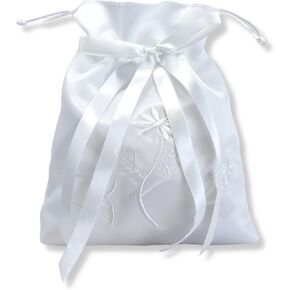 Needzo White First Communion Purse, Satin Bag with Embroidered Flower Details, Religious Gifts for Girls, 7 x 7 Inches