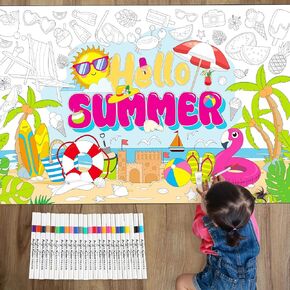 Summer Coloring Poster with 24 Watercolor Markers 50.4 x 31.5 Inch Giant Coloring Poster Jumbo Hello Summer Craft Coloring Banner Table Cover for Summer Pool Birthday Activity Party Supplies