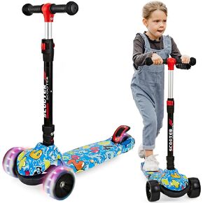 Scooter for Kids Ages 3-12, Foldable & Height Adjustable Kids Scooter with Graffiti Bodywork, Non-Slip Deck and Extra Wide PU Light-up Wheels (200 Lbs Weight Capacity)