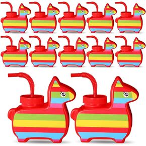Domensi 12 Pcs Mexican Independence Day Decor Fiesta Donkey Pinata Party Favor Supplies Cups with Lids and Straws Bulk 10 oz Plastic Mexican Cups Fiesta Cinco De Mayo Taco Tuesday Event Party Favor