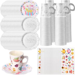 60 Set Paper Tea Cups with Handle Disposable Party Cups Color Your Own Tea Party Cups DIY Coloring Cups Kids Floral Paper Tea Cups and Plates Sticker for Tea Party Game Decoration Supplies in Kuwait
